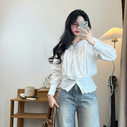 Áo sơ mi dài tay Joolate kiểu lệch vai ren bụng dáng tiểu thư siêu xinh