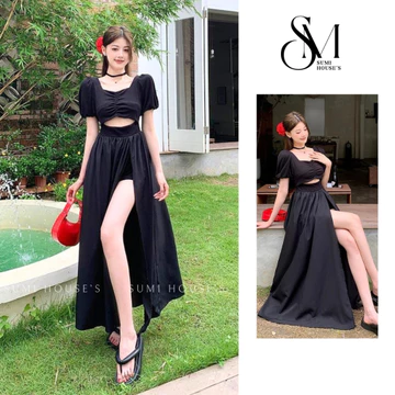 Set áo croptop chân váy SUMI HOUSE set đồ nữ đi biển áo tay phồng nhún ngực mix chân váy xòe xẻ tà có quần bên trong