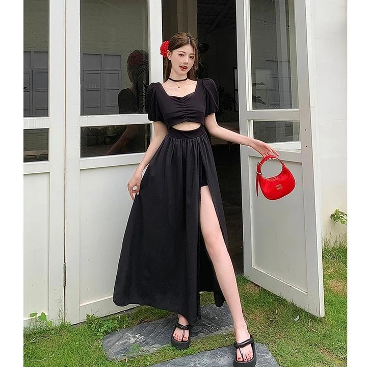 Set áo croptop chân váy SUMI HOUSE set đồ nữ đi biển áo tay phồng nhún ngực mix chân váy xòe xẻ tà có quần bên trong