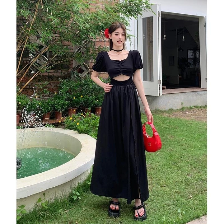 Set áo croptop chân váy SUMI HOUSE set đồ nữ đi biển áo tay phồng nhún ngực mix chân váy xòe xẻ tà có quần bên trong