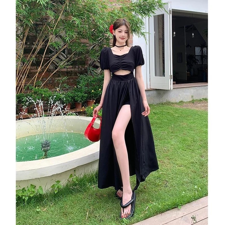 Set áo croptop chân váy SUMI HOUSE set đồ nữ đi biển áo tay phồng nhún ngực mix chân váy xòe xẻ tà có quần bên trong