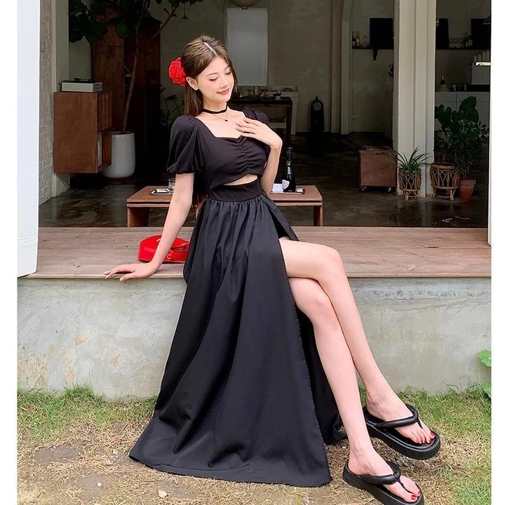 Set áo croptop chân váy SUMI HOUSE set đồ nữ đi biển áo tay phồng nhún ngực mix chân váy xòe xẻ tà có quần bên trong