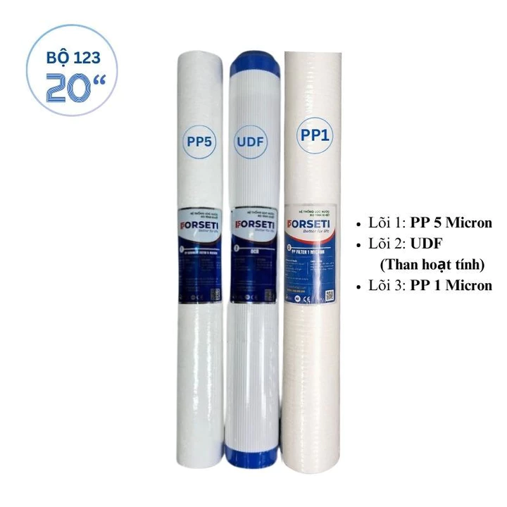 Bộ 3 LÕI lọc xử lý nước đầu nguồn 20 inch dùng cho các máy lọc nước bán công nghiệp Forseti