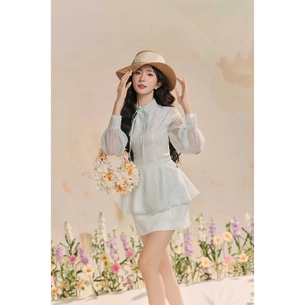 Ảnh Set bộ Áo sơ mi cổ đức đính nơ 2R06.2503OG, Chân váy A ngắn họa tiết, đè dây gấu 4R03.2503OG, bộ đồ nữ tiểu thư sang JM 1