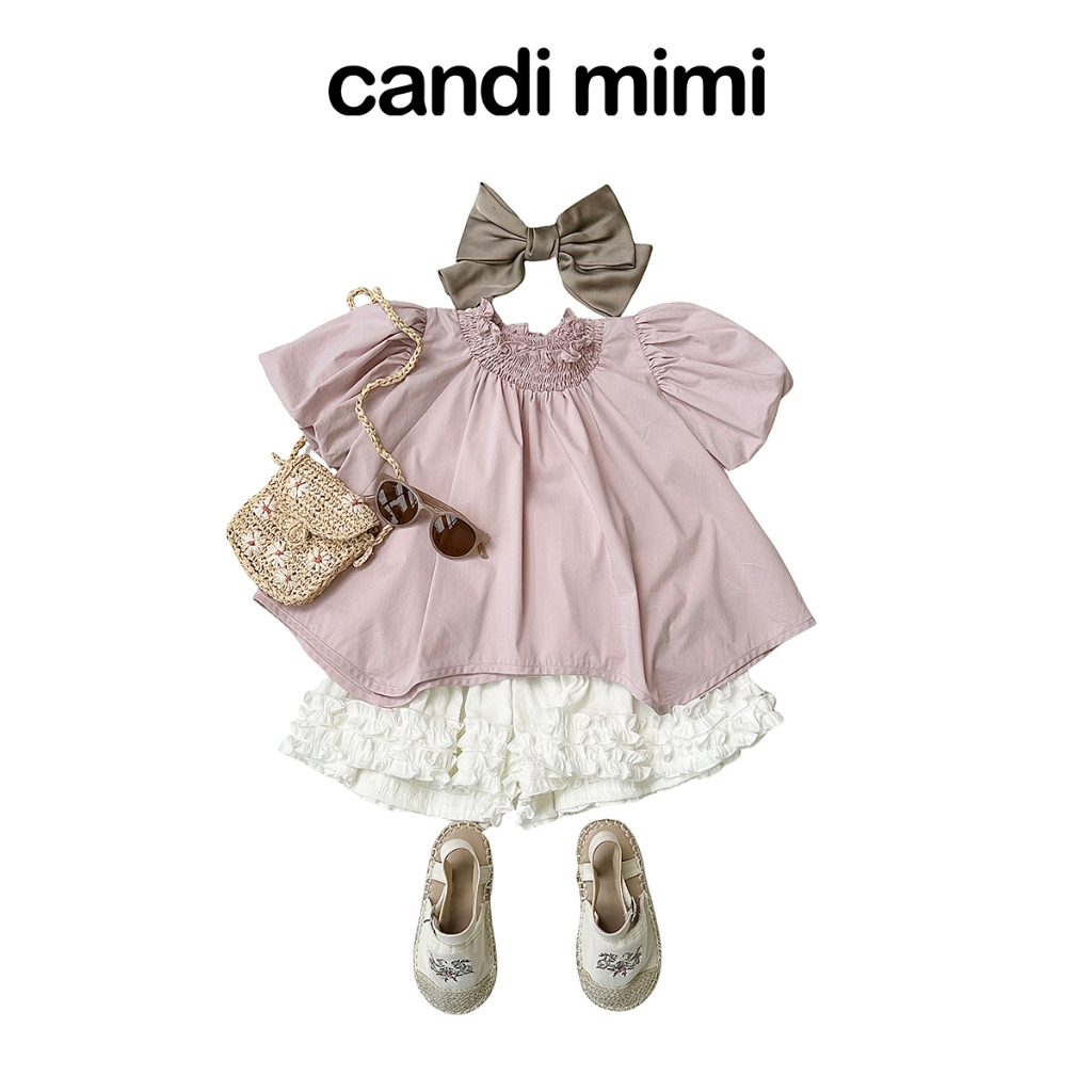 CANDI MIMI Áo sơmi hồng cổ nhúm tay bồng - Phong cách Hàn Quốc