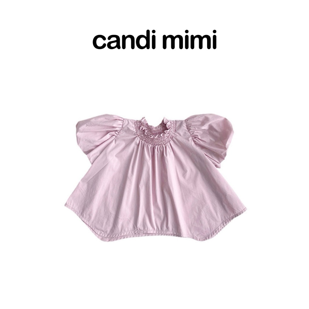 CANDI MIMI Áo sơmi hồng cổ nhúm tay bồng - Phong cách Hàn Quốc