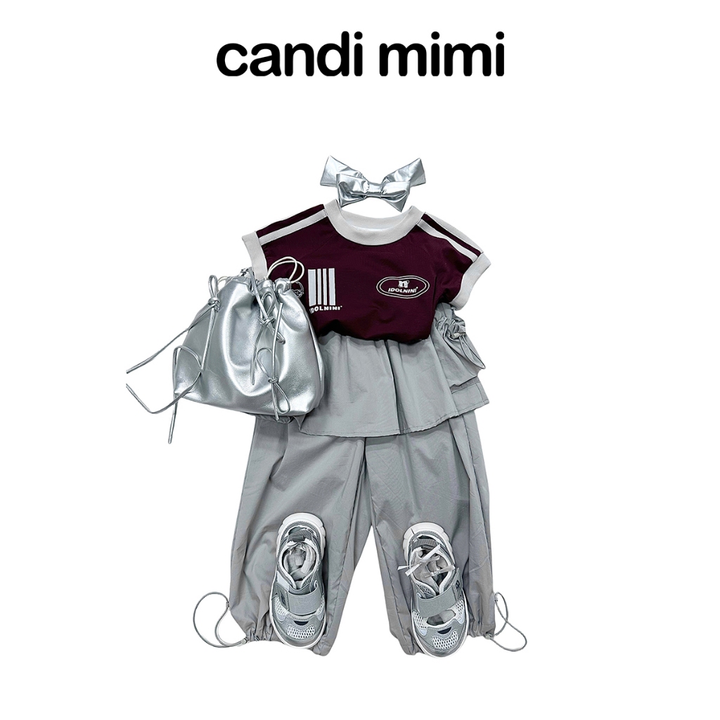 CANDI MIMI Áo phông cotton đỏ sọc trắng ngắn tay - Phong cách Hàn Quốc