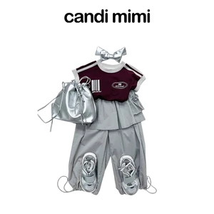 CANDI MIMI Áo phông cotton đỏ sọc trắng ngắn tay - Phong cách Hàn Quốc