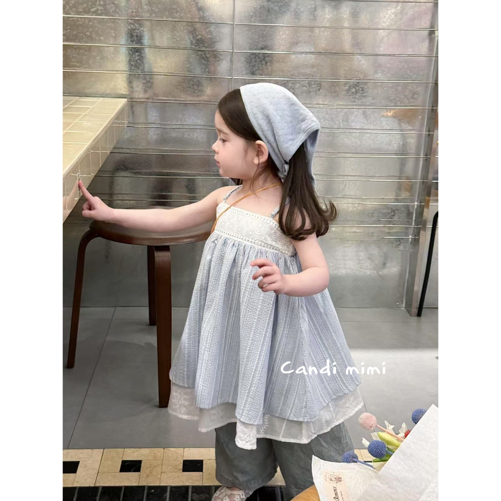 CANDI MIMI Váy babydoll hai dây kẻ sọc xanh nhạt - Phong cách Hàn Quốc