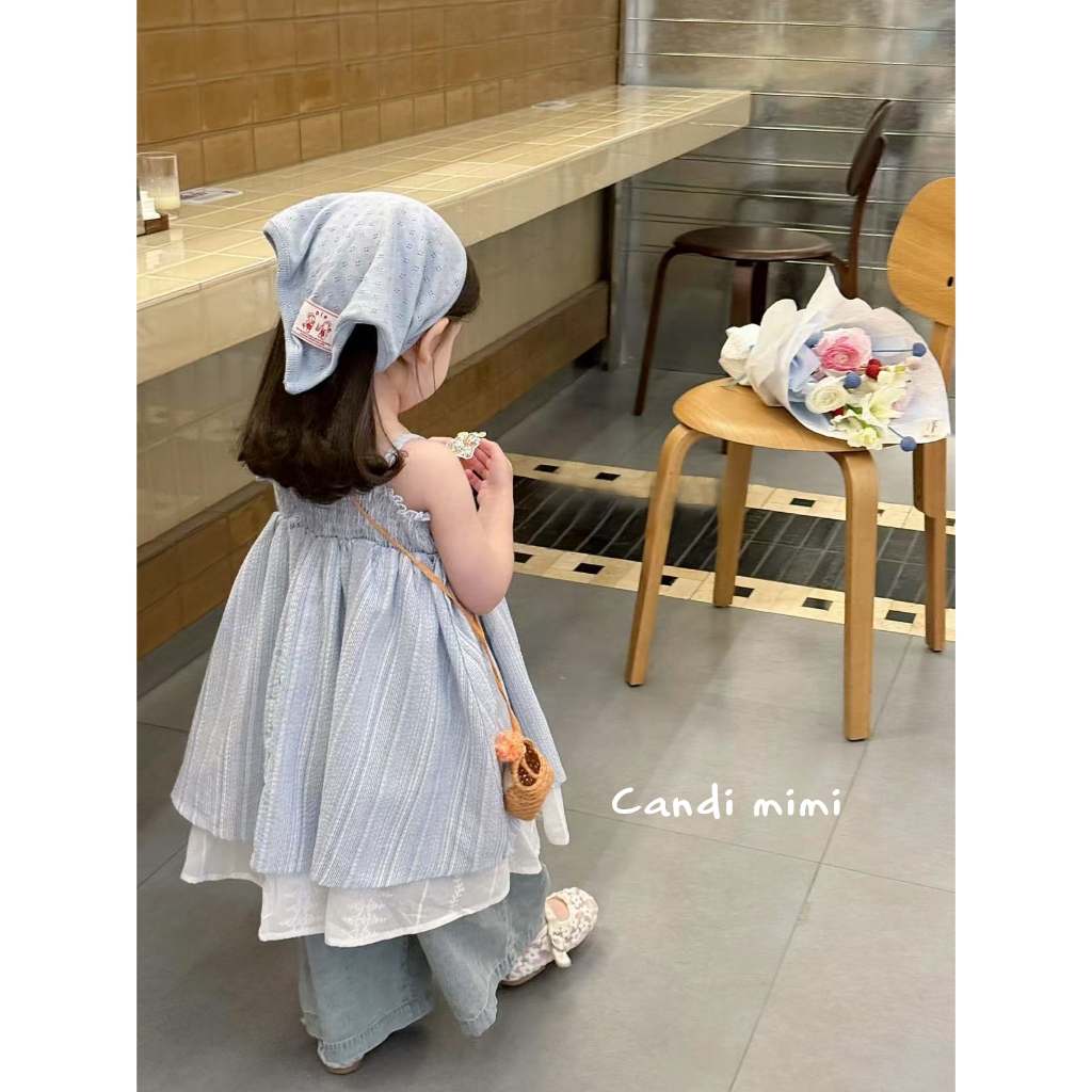 CANDI MIMI Váy babydoll hai dây kẻ sọc xanh nhạt - Phong cách Hàn Quốc