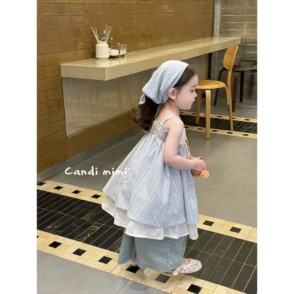 CANDI MIMI Váy babydoll hai dây kẻ sọc xanh nhạt - Phong cách Hàn Quốc