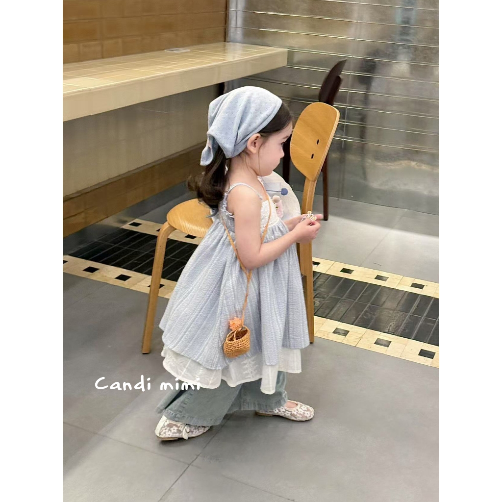 CANDI MIMI Váy babydoll hai dây kẻ sọc xanh nhạt - Phong cách Hàn Quốc