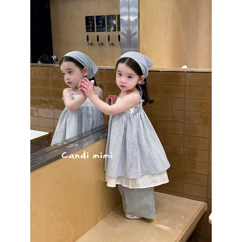 CANDI MIMI Váy babydoll hai dây kẻ sọc xanh nhạt - Phong cách Hàn Quốc