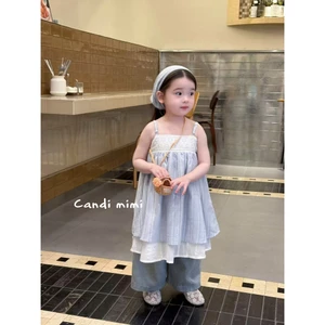 CANDI MIMI Váy babydoll hai dây kẻ sọc xanh nhạt - Phong cách Hàn Quốc