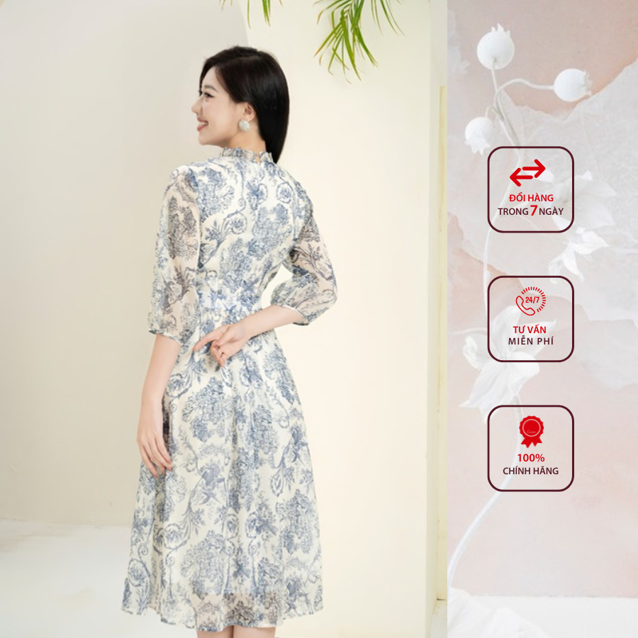 Đầm công sở HELEN thiết kế dáng xòe họa tiết thổ cẩm cổ nhún tay lỡ DL268