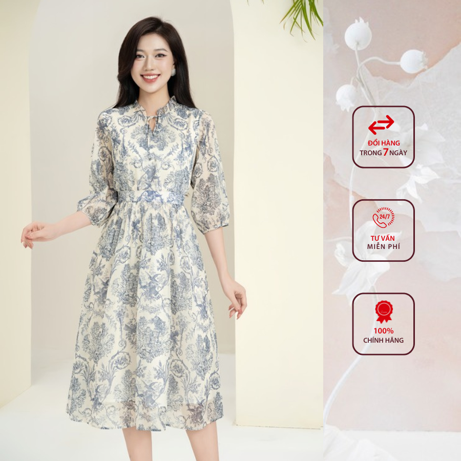 Đầm công sở HELEN thiết kế dáng xòe họa tiết thổ cẩm cổ nhún tay lỡ DL268