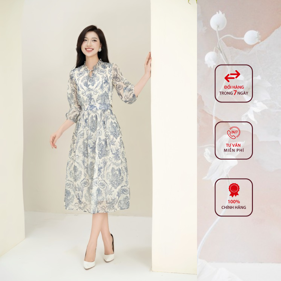 Đầm công sở HELEN thiết kế dáng xòe họa tiết thổ cẩm cổ nhún tay lỡ DL268