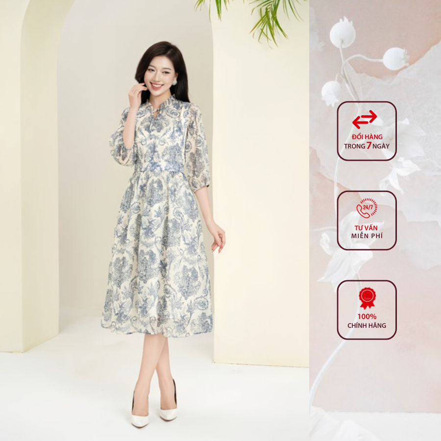 Đầm công sở HELEN thiết kế dáng xòe họa tiết thổ cẩm cổ nhún tay lỡ DL268
