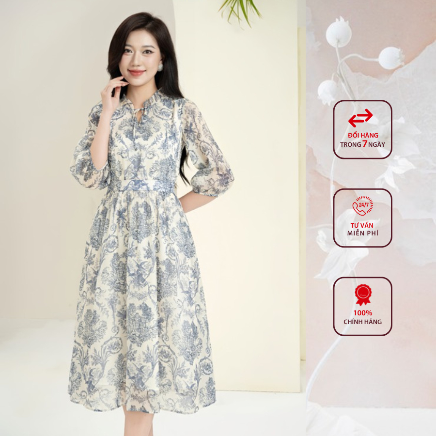 Đầm công sở HELEN thiết kế dáng xòe họa tiết thổ cẩm cổ nhún tay lỡ DL268