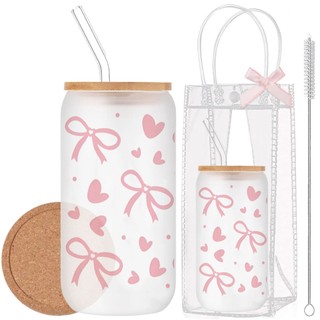 Cốc Thủy Tinh Nhám Cute 500ml, Ly Thủy Tinh Nắp Tre 16Oz Chịu Nhiệt Kèm Phụ Kiện, Quà Tặng Sinh Nhật