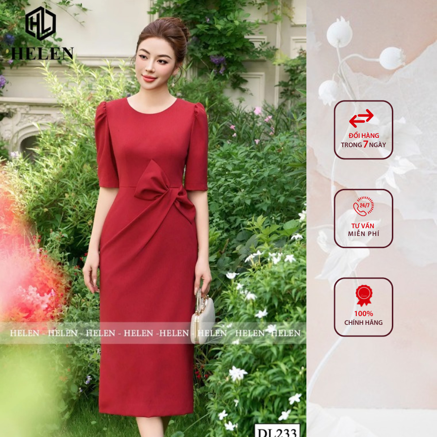 Đầm công sở HELEN thiết kế dáng ôm đỏ nơ eo tay lỡ DL233