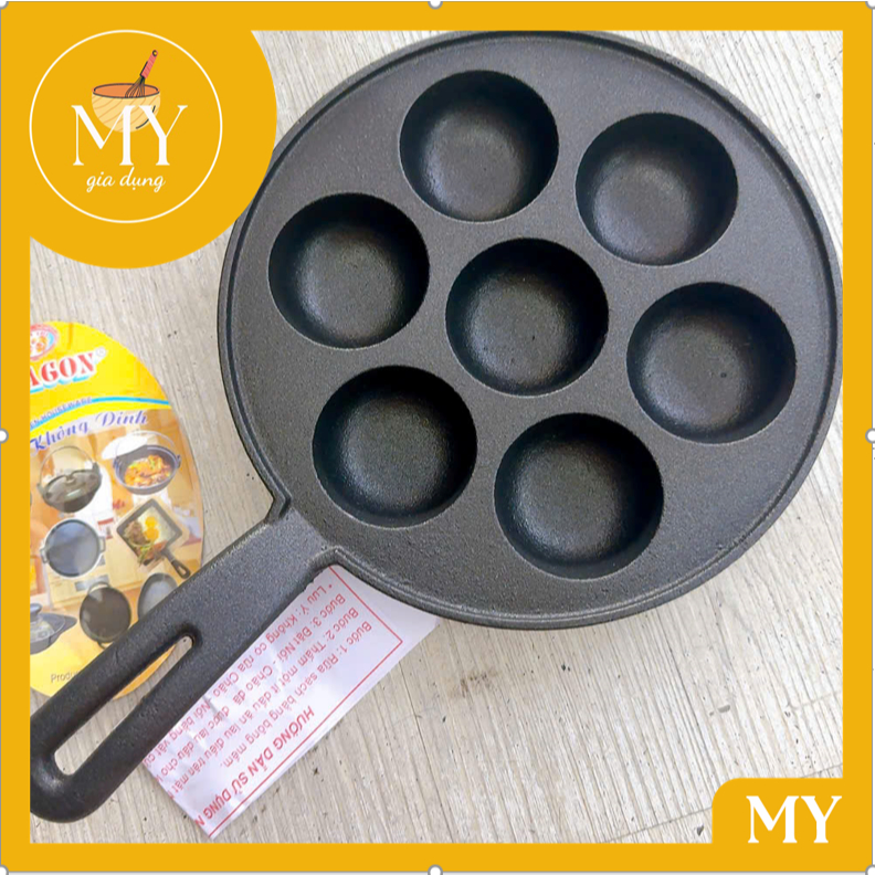Khuôn đổ bánh khọt (loại 7 -9lỗ) dùng để đổ bánh khọt bằng gang chống dính, nắp kính dùng được bếp từ