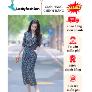 Váy hoa nhĩ dáng dài cổ V ngang gối cao cấp phong cách nhẹ nhàng kiểu pháp phù hợp đi chơi ,dạo phố New 2025