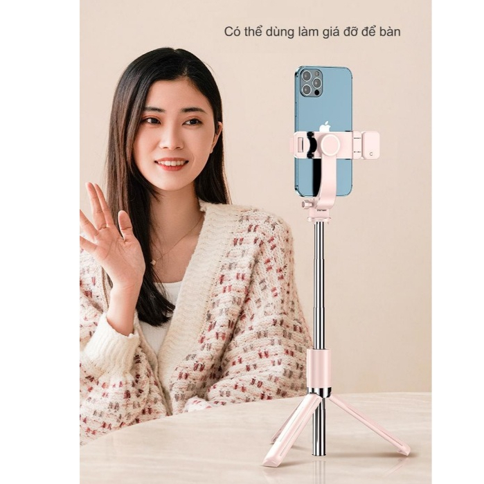 Gậy chụp hình ảnh selfie 3 chân chắc chắn có điều khiển từ xa kèm đèn led trợ sáng cao cấp xoay 360 độ, gậy livestream
