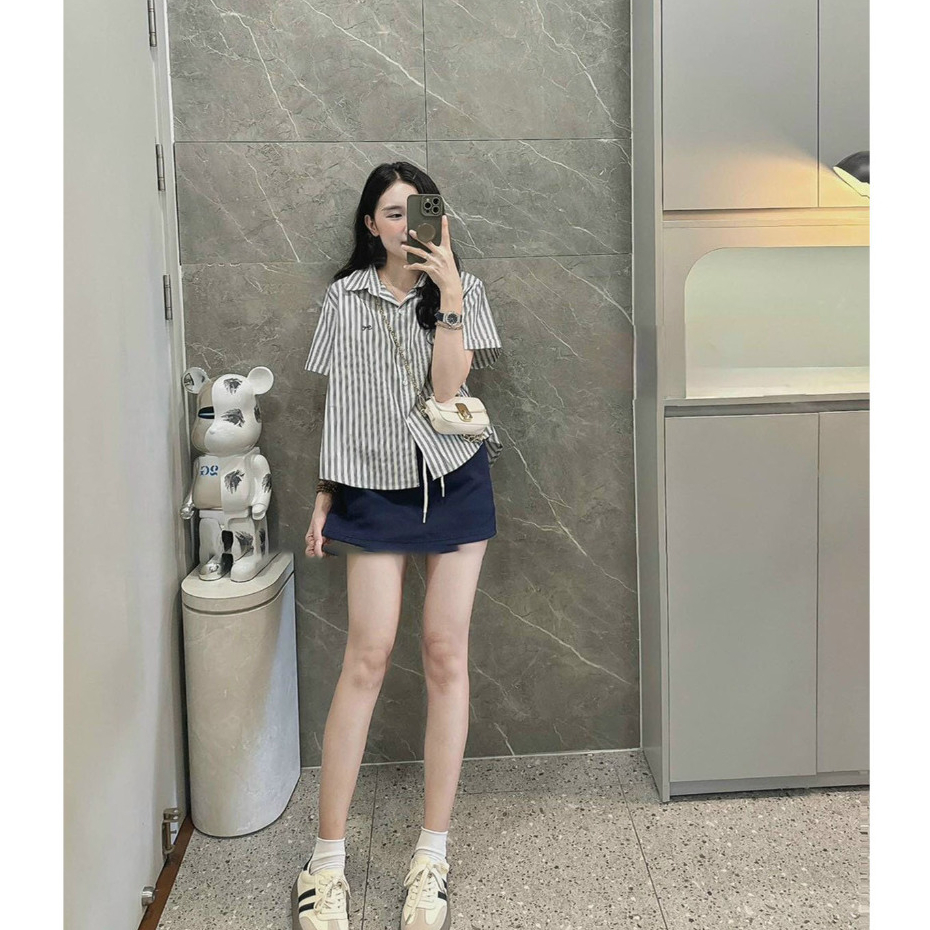 áo sơ mi nữ kẻ sọc cộc tay thêu nơ Gemy_official , áo sơ mi cộc tay kẻ sọc thêu nữ phong cách tối giản hàn quốc (A142)