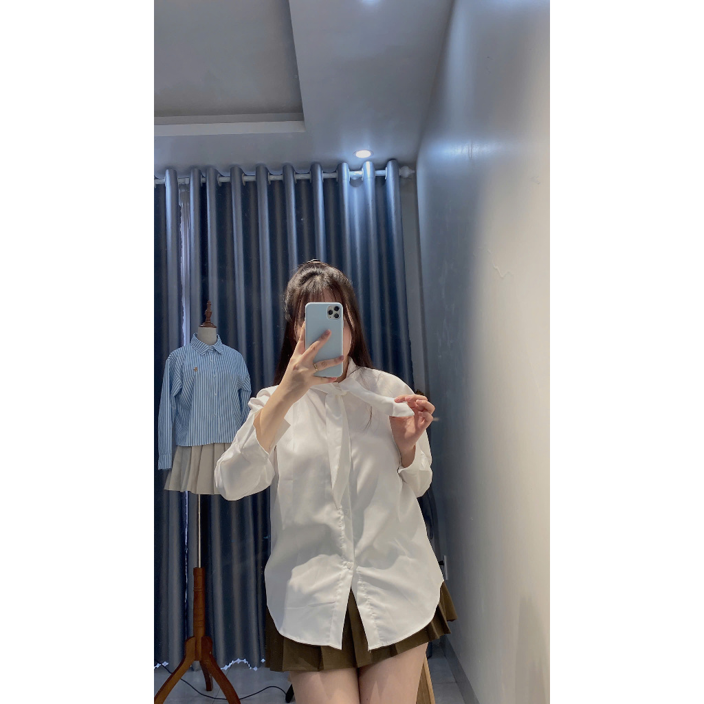 áo sơ mi nữ dài tay Gemy_official thiết kế cổ nơ form rộng bassic xinh xắn , áo sơ mi nữ cổ nơ