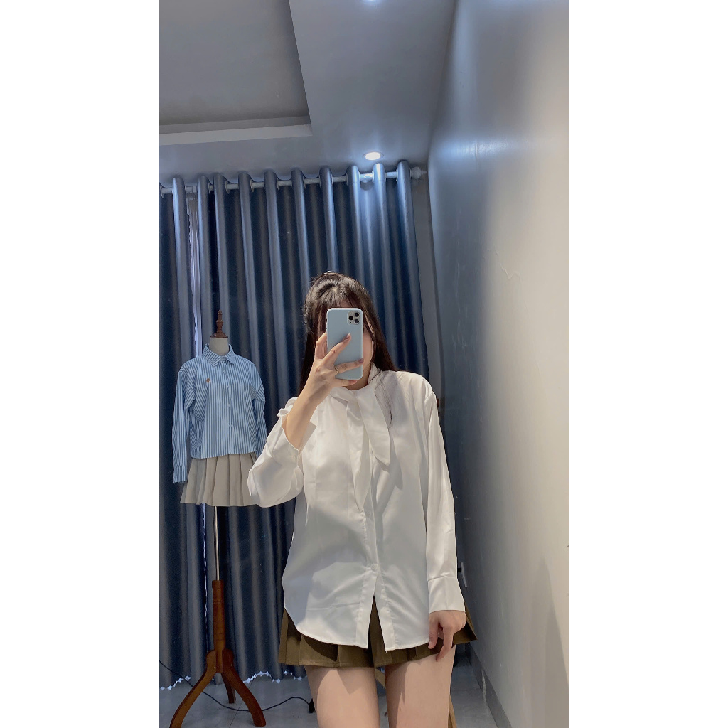 áo sơ mi nữ dài tay Gemy_official thiết kế cổ nơ form rộng bassic xinh xắn , áo sơ mi nữ cổ nơ