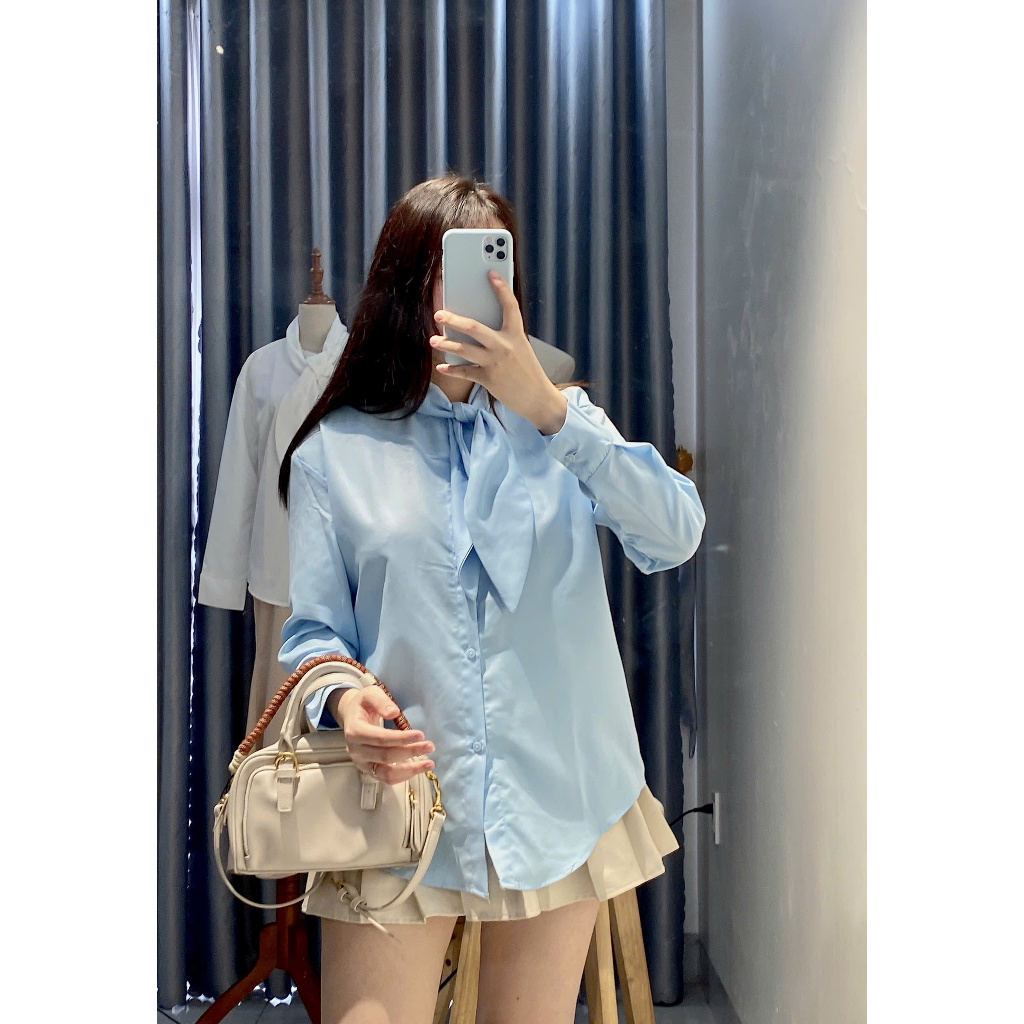 áo sơ mi nữ dài tay Gemy_official thiết kế cổ nơ form rộng bassic xinh xắn , áo sơ mi nữ cổ nơ