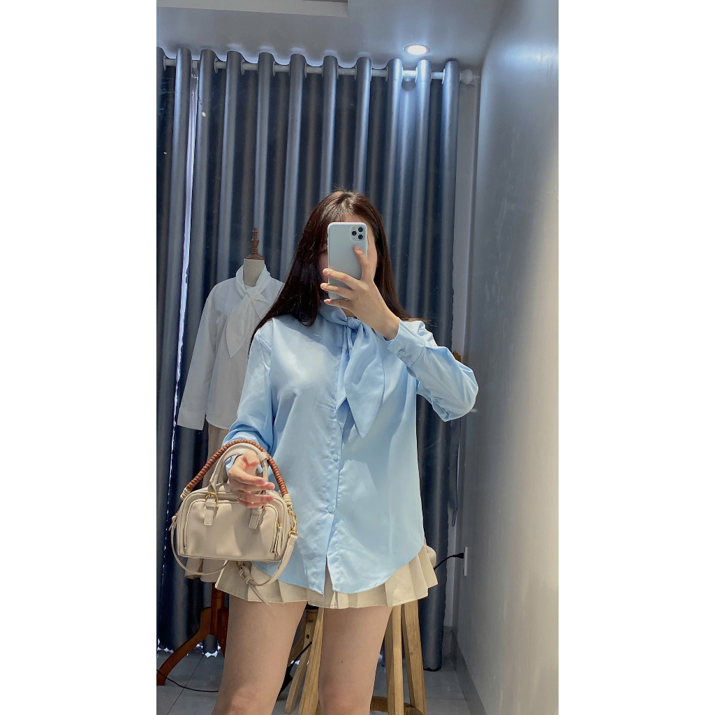 áo sơ mi nữ dài tay Gemy_official thiết kế cổ nơ form rộng bassic xinh xắn , áo sơ mi nữ cổ nơ