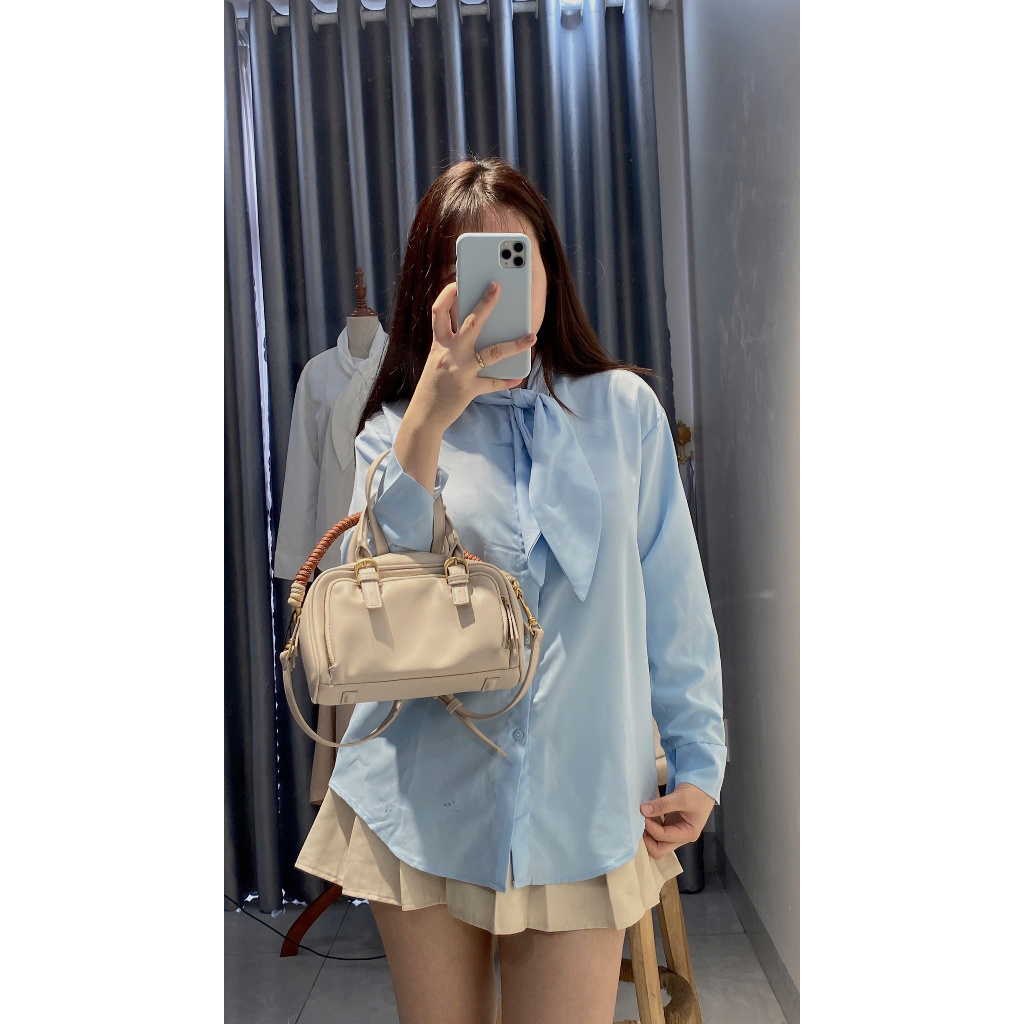 áo sơ mi nữ dài tay Gemy_official thiết kế cổ nơ form rộng bassic xinh xắn , áo sơ mi nữ cổ nơ