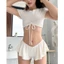 2Soonsumff Set 2 món áo crotop cổ tròn viền ren kèm quần short ngắn ôm body sexy quyến rũ mùa hè retro