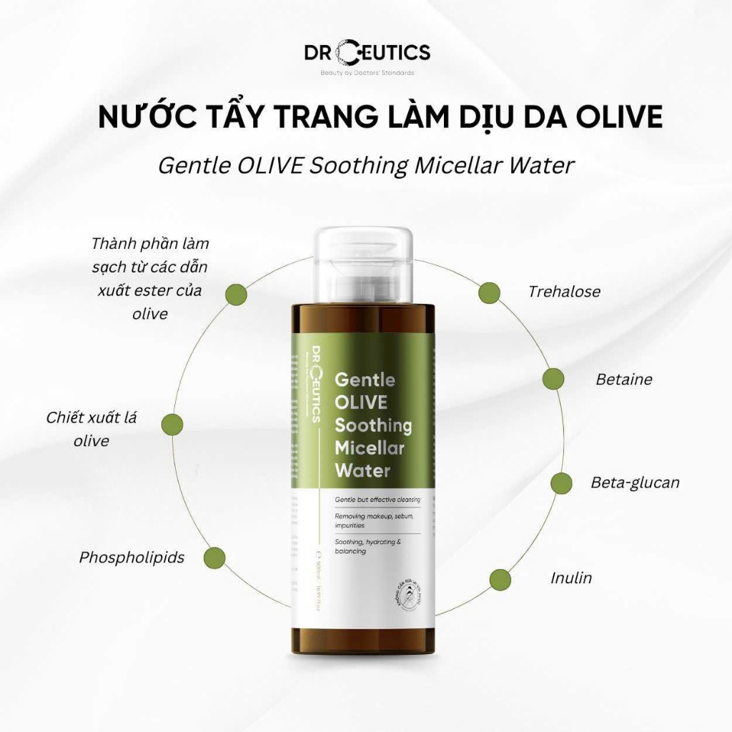 Ảnh DrCeutics Nước Tẩy Trang Làm Dịu Da OLIVE - Gentle OLIVE Soothing Micellar Water Dành Cho Mọi Loại Da, Da nhạy cảm 500ml 2
