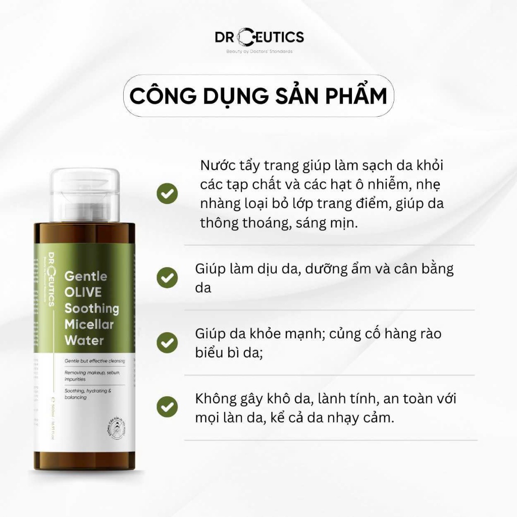 Ảnh DrCeutics Nước Tẩy Trang Làm Dịu Da OLIVE - Gentle OLIVE Soothing Micellar Water Dành Cho Mọi Loại Da, Da nhạy cảm 500ml 3