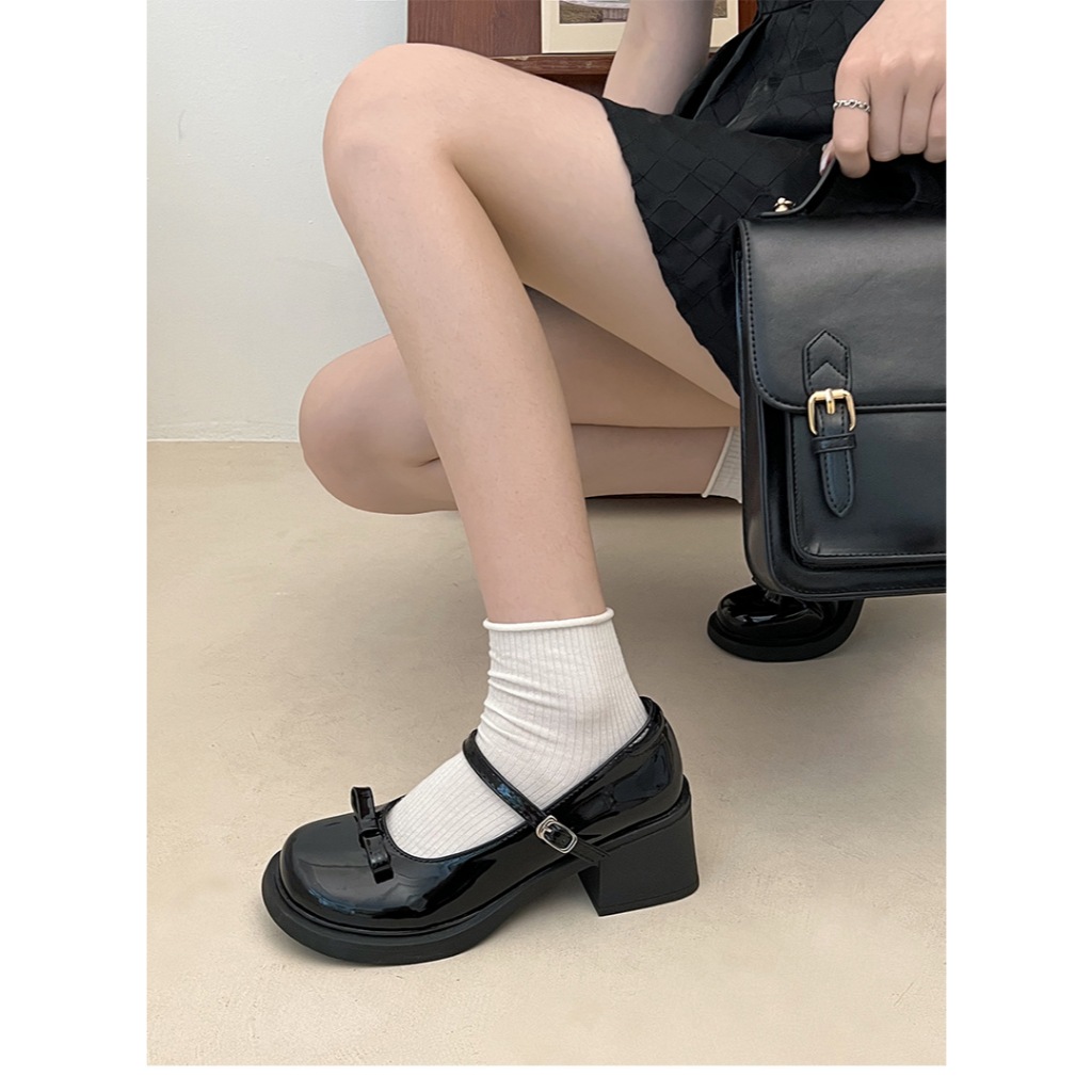 Giày mary jane nữ da bóng nơ xinh gót vuông cao 5cm phong cách Nhật