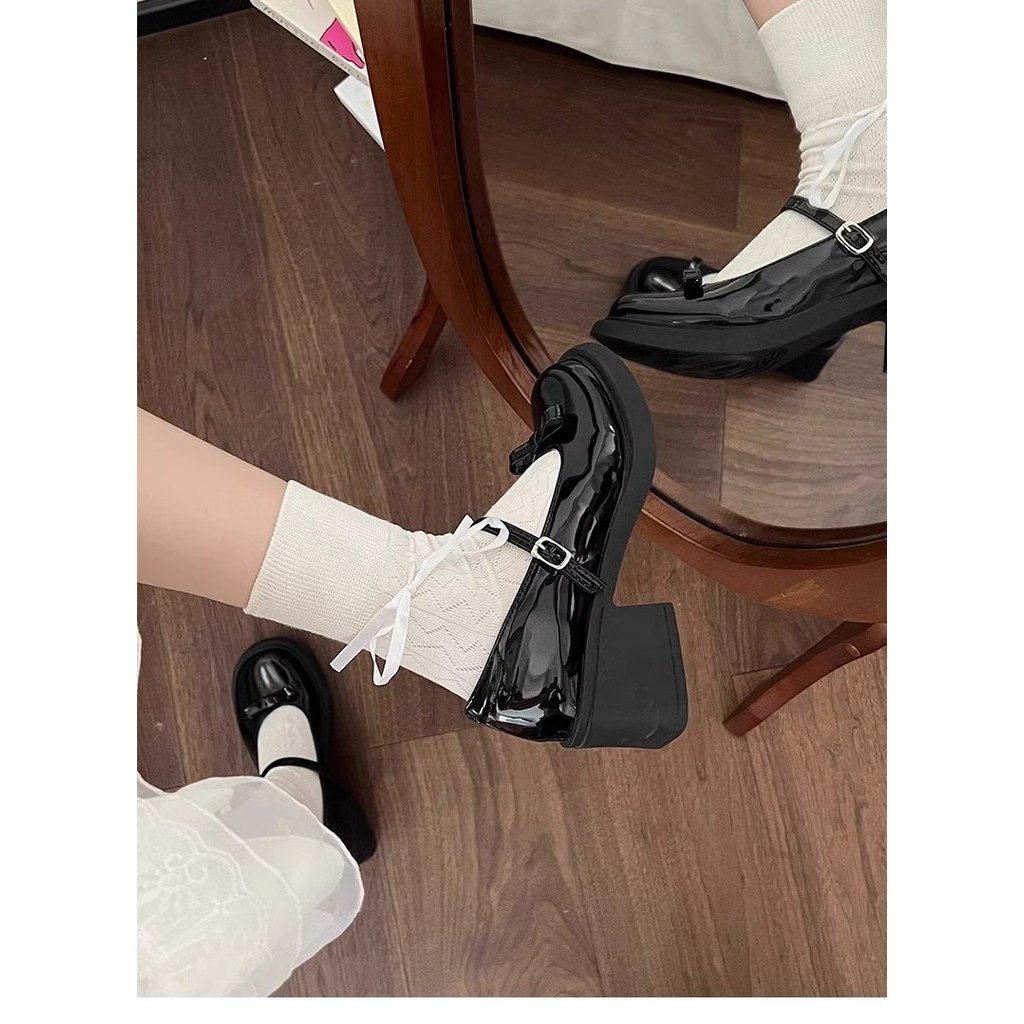 Giày mary jane nữ da bóng nơ xinh gót vuông cao 5cm phong cách Nhật