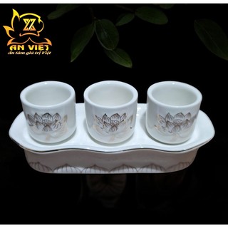 Bộ Áng 3 Ly Nước Bạch Ngọc Sen Trắng Thờ Cúng - Nội Thất An Việt - BNST, Gốm Sứ Cao Cấp