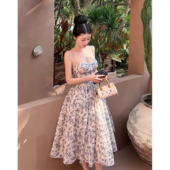 HT1 ĐẦM VOAN HOA TÍM 2 DÂY ĐI CHƠI, ĐI TIỆC, ĐI BIỂN, MAXI ĐI BIỂN, ĐẦM VOAN HOA ĐI BIỂN