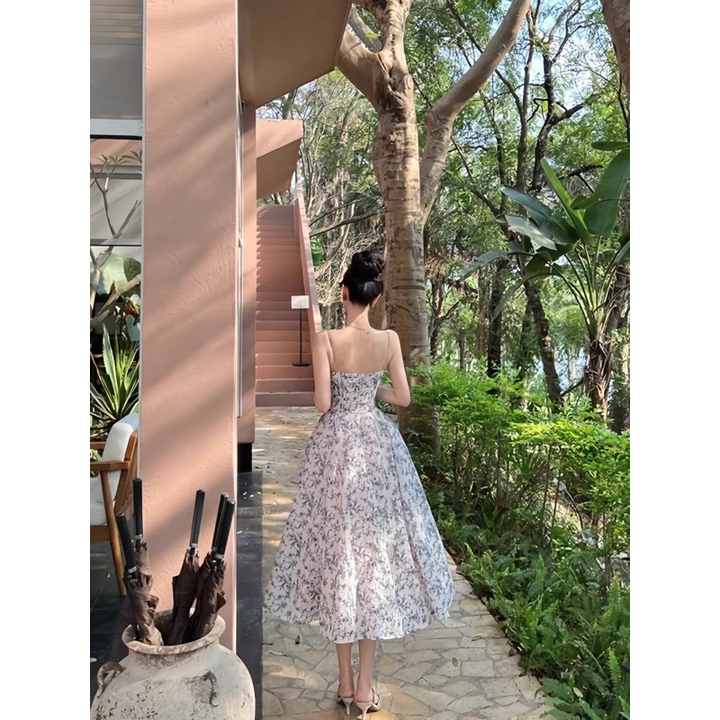 HT1 ĐẦM VOAN HOA TÍM 2 DÂY ĐI CHƠI, ĐI TIỆC, ĐI BIỂN, MAXI ĐI BIỂN, ĐẦM VOAN HOA ĐI BIỂN