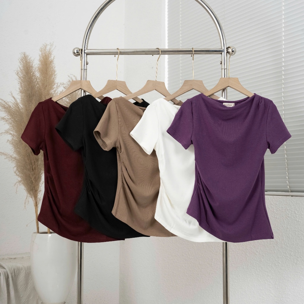 Ảnh Áo Thun Nữ mã 269 Kiểu Lệch Vai Gấu Vát Nhún Eo Chất Vải Mềm Mịn Chất Cotton Nhật 4
