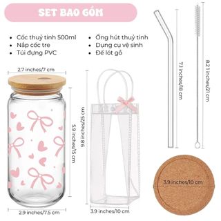 Cốc Thủy Tinh Nhám Cute 500ml, Ly Thủy Tinh Nắp Tre 16Oz Chịu Nhiệt Kèm Phụ Kiện, Quà Tặng Sinh Nhật