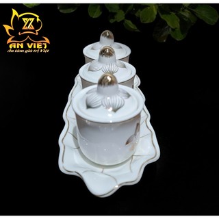 Bộ Áng 3 Ly Nước Có Nắp Bạch Ngọc Sen Trắng Thờ Cúng - Nội Thất An Việt - BNST