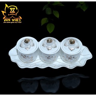 Bộ Áng 3 Ly Nước Có Nắp Bạch Ngọc Sen Trắng Thờ Cúng - Nội Thất An Việt - BNST