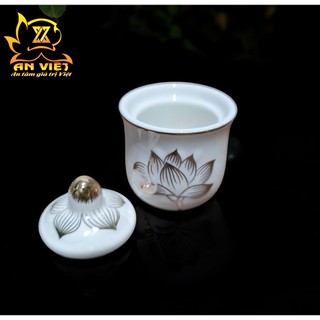 Bộ Áng 3 Ly Nước Có Nắp Bạch Ngọc Sen Trắng Thờ Cúng - Nội Thất An Việt - BNST