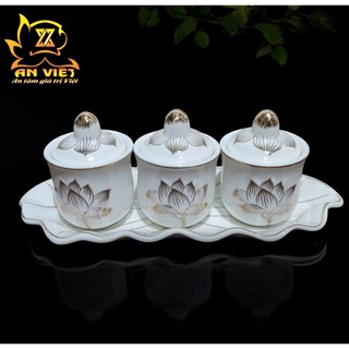 Bộ Áng 3 Ly Nước Có Nắp Bạch Ngọc Sen Trắng Thờ Cúng - Nội Thất An Việt - BNST