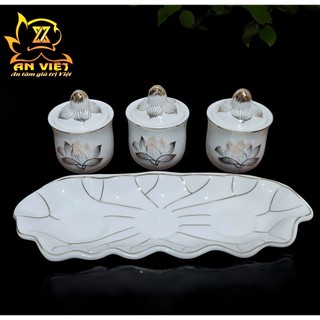 Bộ Áng 3 Ly Nước Có Nắp Bạch Ngọc Sen Trắng Thờ Cúng - Nội Thất An Việt - BNST