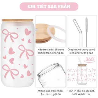 Cốc Thủy Tinh Nhám Cute 500ml, Ly Thủy Tinh Nắp Tre 16Oz Chịu Nhiệt Kèm Phụ Kiện, Quà Tặng Sinh Nhật